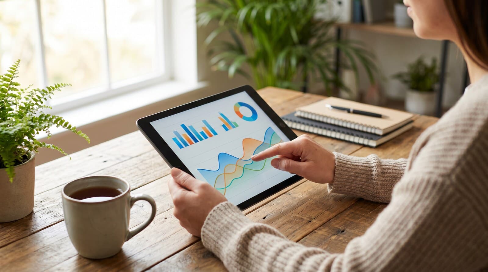 Practitioner reviewing functional medicine lab results visualization on a tablet at a warm wooden desk