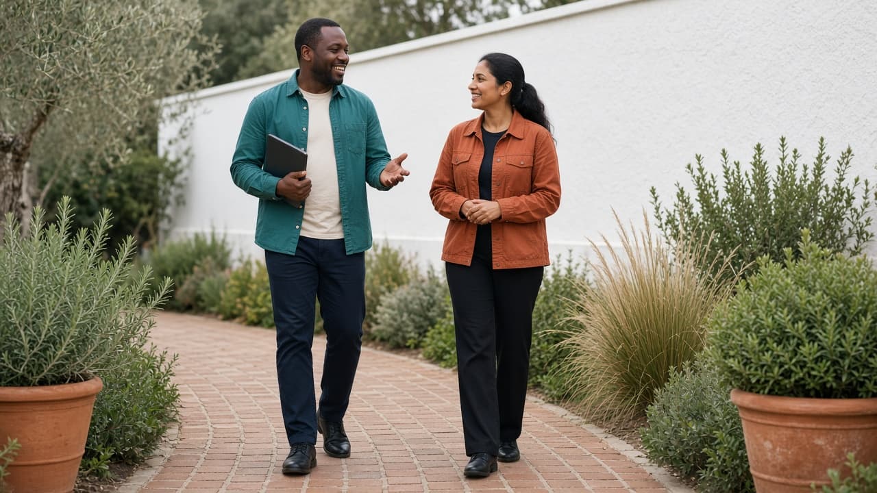 Two clinicians talking on a brick garden path beside potted olive trees