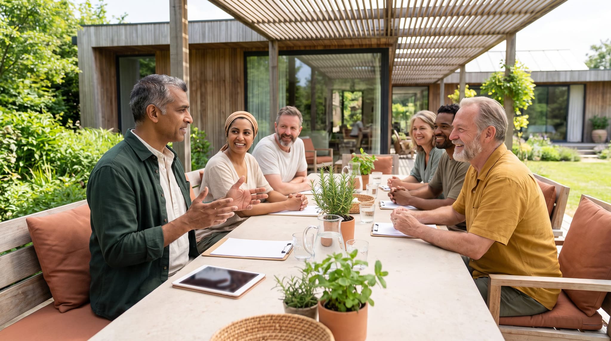 Outdoor wellness education session around a table beside a modern practice