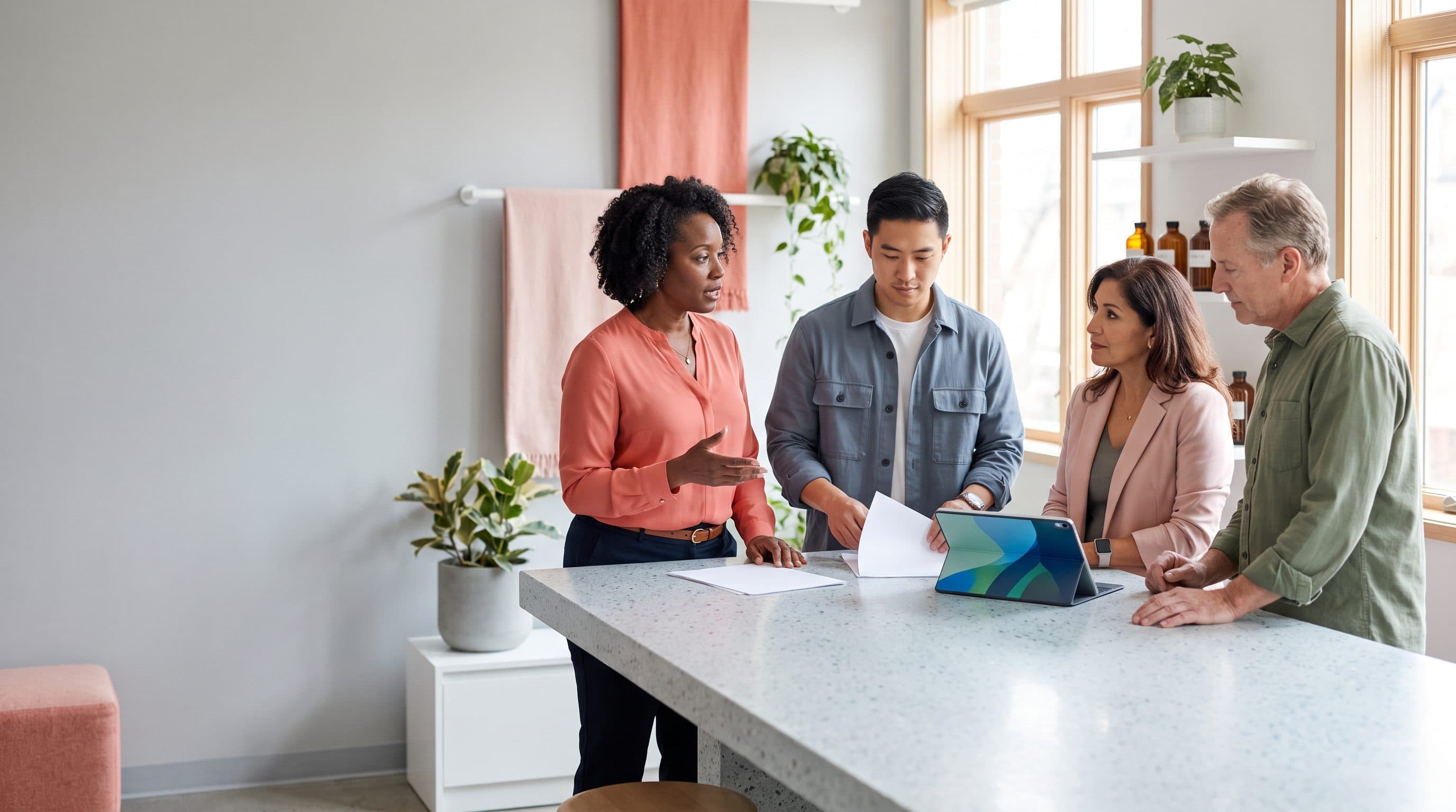 Naturopathic practice team reviewing patient workflows around a bright reception desk