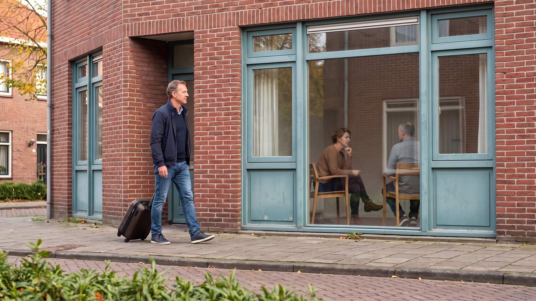 A practitioner walks away from a brick practice with a small rolling suitcase while a colleague continues a conversation with a patient behind the window.