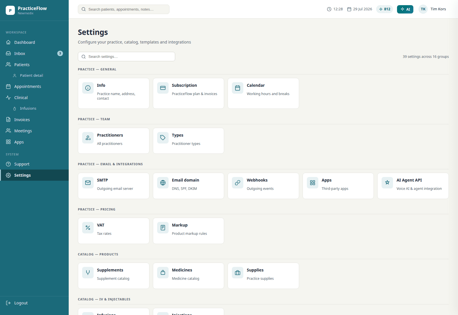 Practiceflow settings for practice, team, SMTP, catalog, and AI Agent API — demo practice configuration