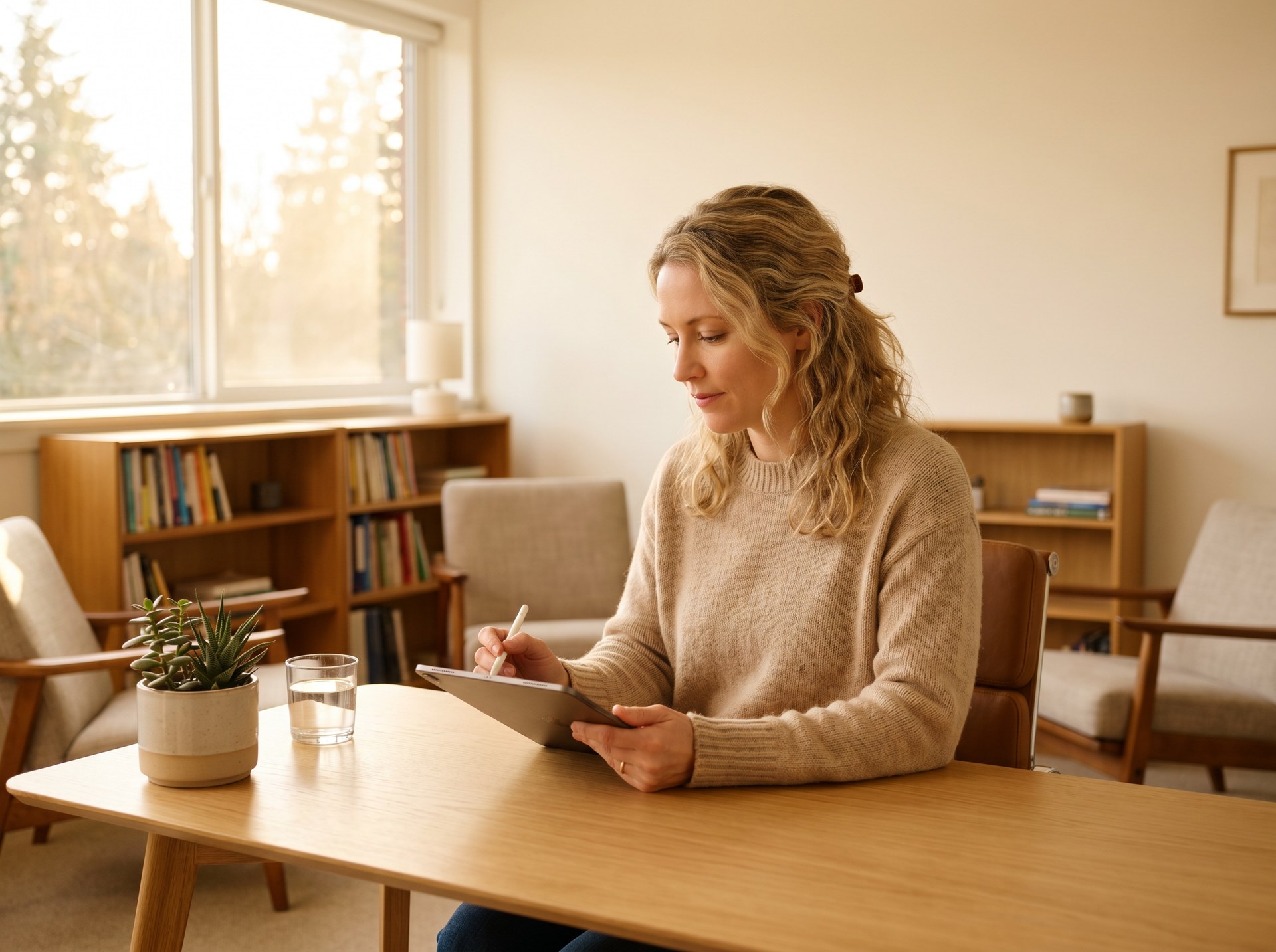 A functional medicine practitioner reviewing patient records on a tablet